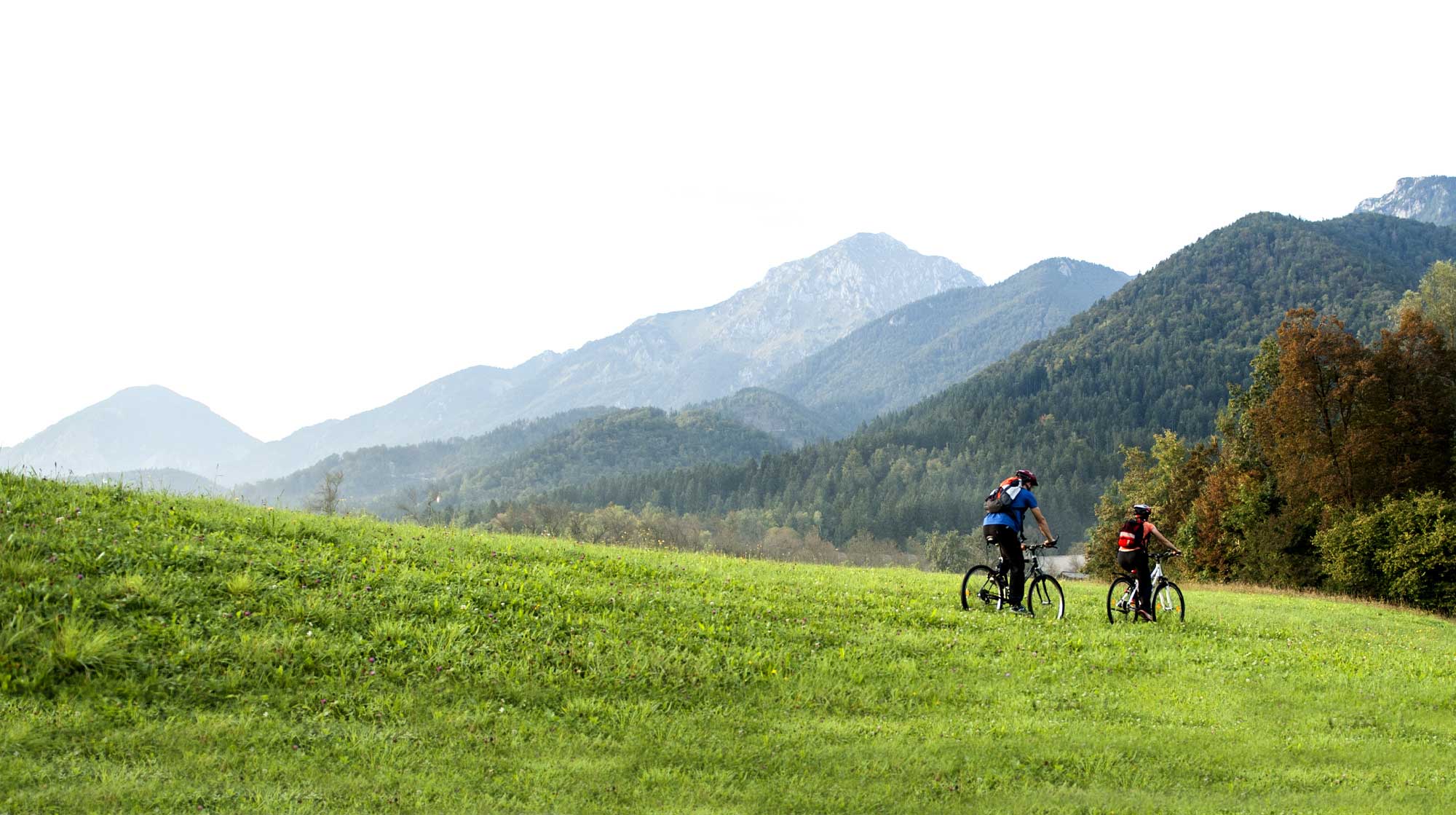 two people riding bikes through a grassy mountain valley